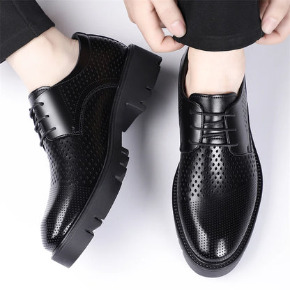 Summer Hollow Out Breathable Men Height Increasing Oxford Shoes 8/10CM Formal Business Dress Wedding Party Elevated Leather Shoe