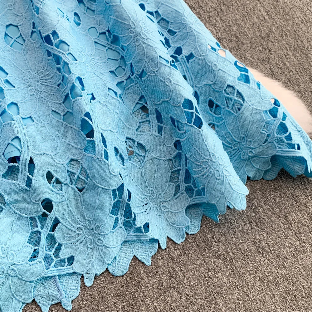 Ele Summer Lace round Ne Dr Women's High Waist Slimming Long Skirt Korean Sle Commute High Softn Regular Sve
