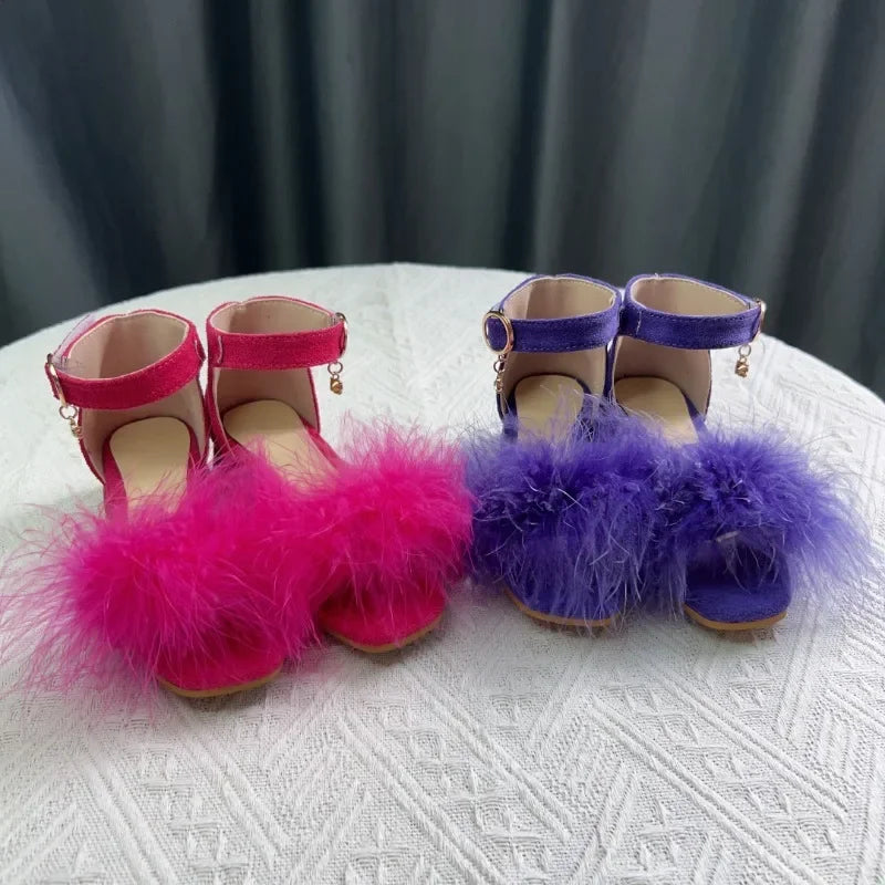 Toddler Girls Sandals Summer Low-heels Children's Sandals Open-toe Princess Fluffy New Versatile Kids Fashion Ankle-strap Shoes