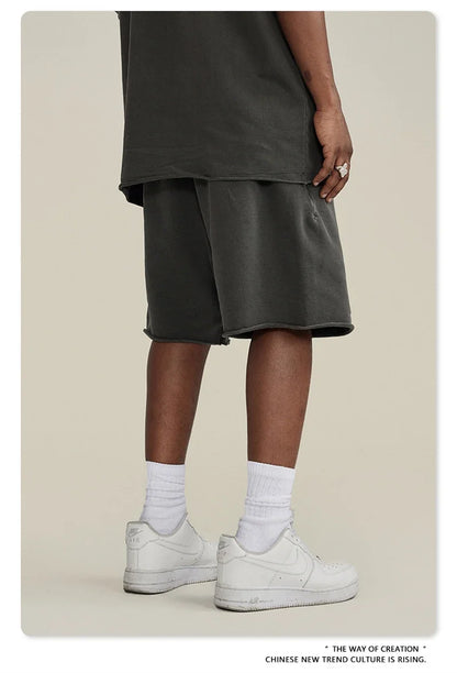 New Summer Men Retro Washed Shorts Unisex Drawstring Loose Edge 420gsm Solid Knee Length Cotton Pants Streetwears HY0589