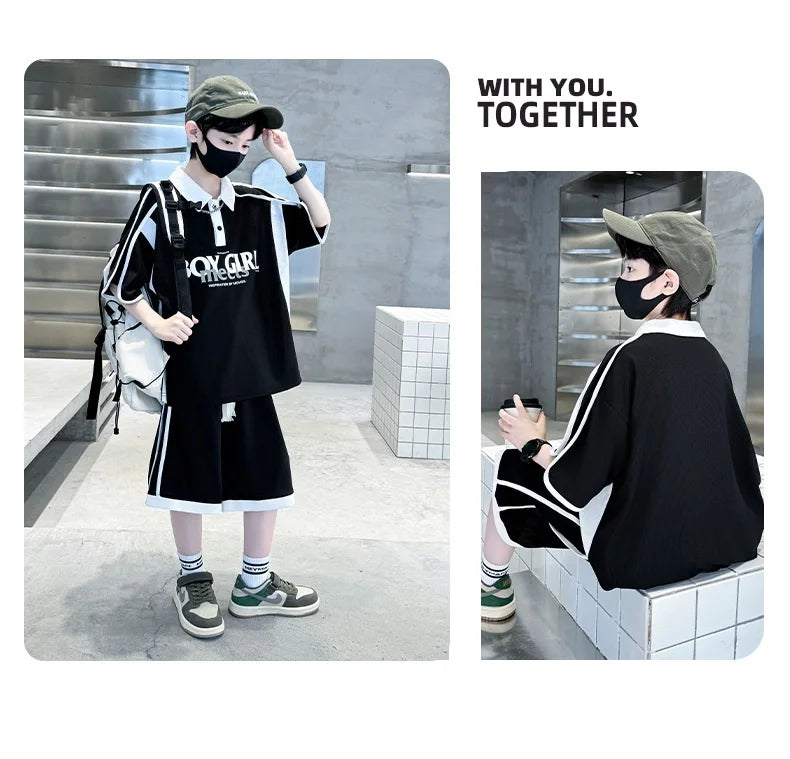 Summer Boys Patchwork Alphabet Preppy T-Shirt Tops+Drawstring Shorts Pant Set School Kids 2PCS Tracksuit Children Outfits 5-16Yr