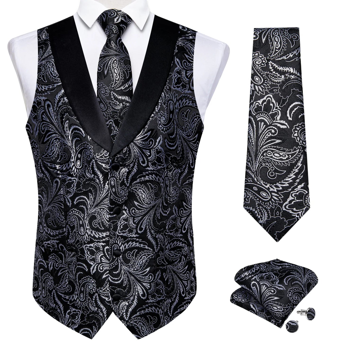 Men's Paisley  Suit Vest with Macthing Golden Paisley Neck Tie Handkerchief Cufflinks Wedding Prom Tuxedo Waistcoat