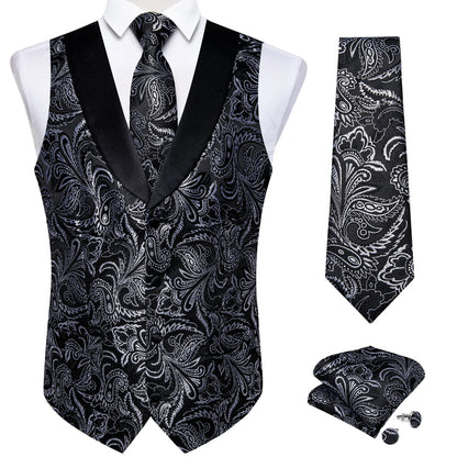Men's Paisley  Suit Vest with Macthing Golden Paisley Neck Tie Handkerchief Cufflinks Wedding Prom Tuxedo Waistcoat