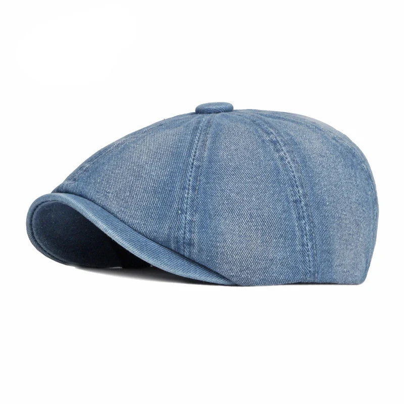 Men's Octagonal Hat Casual Solid Eight-blade Berets Washed Denim Newsboy Cap Women Painters Hat Peaked Herringbone Flat Cap