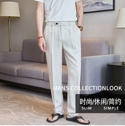 Summer New Linen Breathable Trousers High Quality Fashion Men Straight Casual Pants Men Slim Fit Solid Business Office Suit Pant