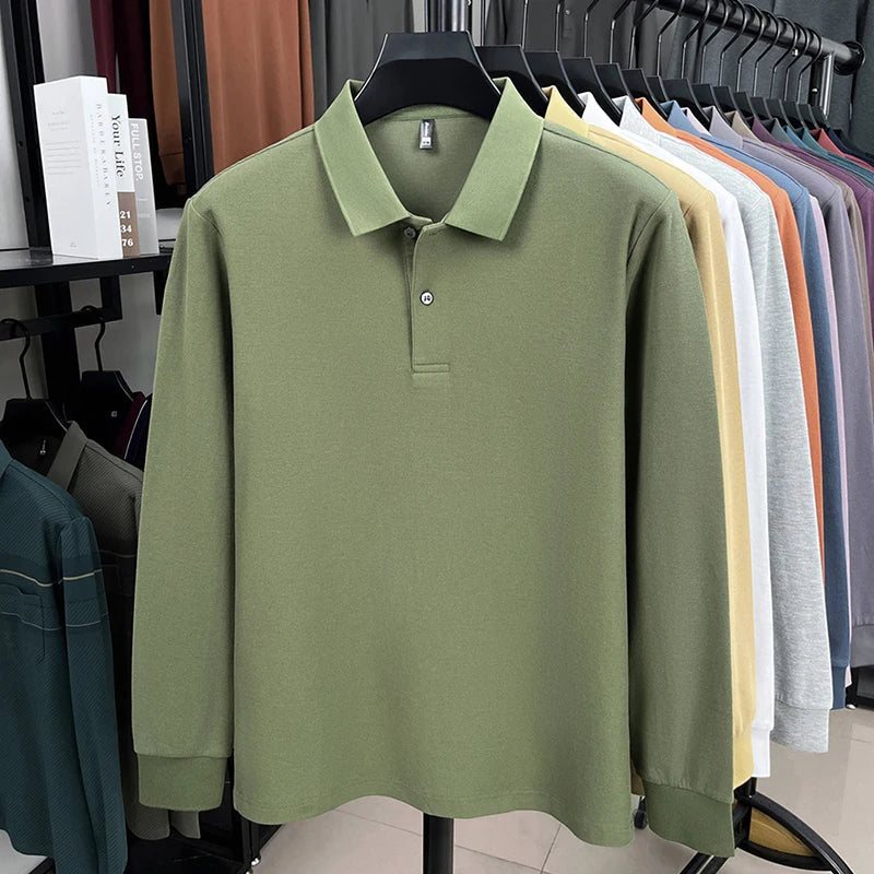 100%pure cotton autumn winter men's high-end designer fashionable long sleeved boutique button casual comfortable polo shirt top