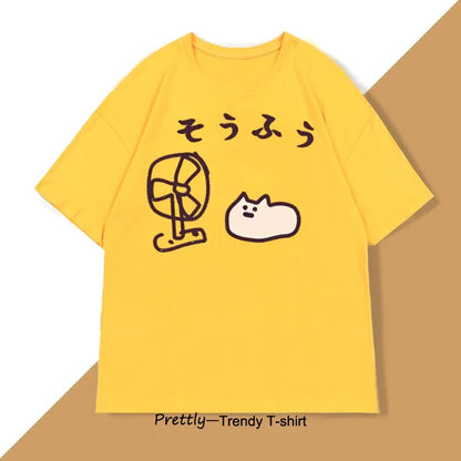 Cool Japanese Style Fan Cat T-shirt Men Women Funny Cotton Short Sleeve Tshirt Graphic T Shirts Summer Streetwear Pritned Tees
