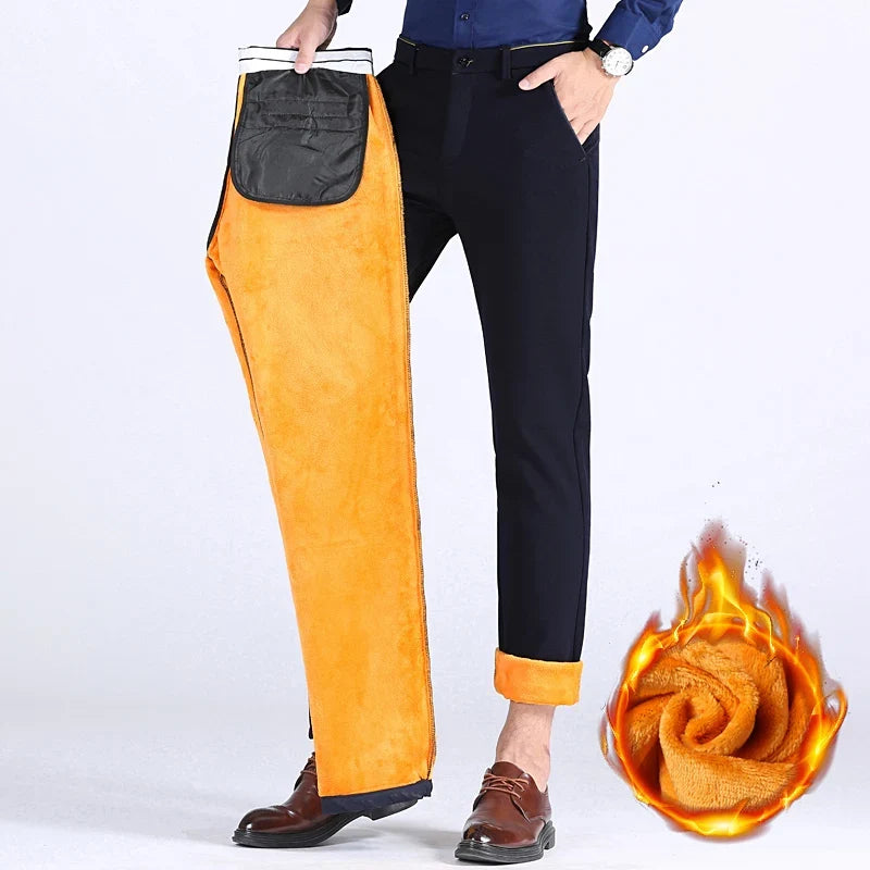 2025 Winter New Thickened Straight Slim Warm Business Casual Office Male Velvet Trousers Classic Men's Fleece Casual Pants