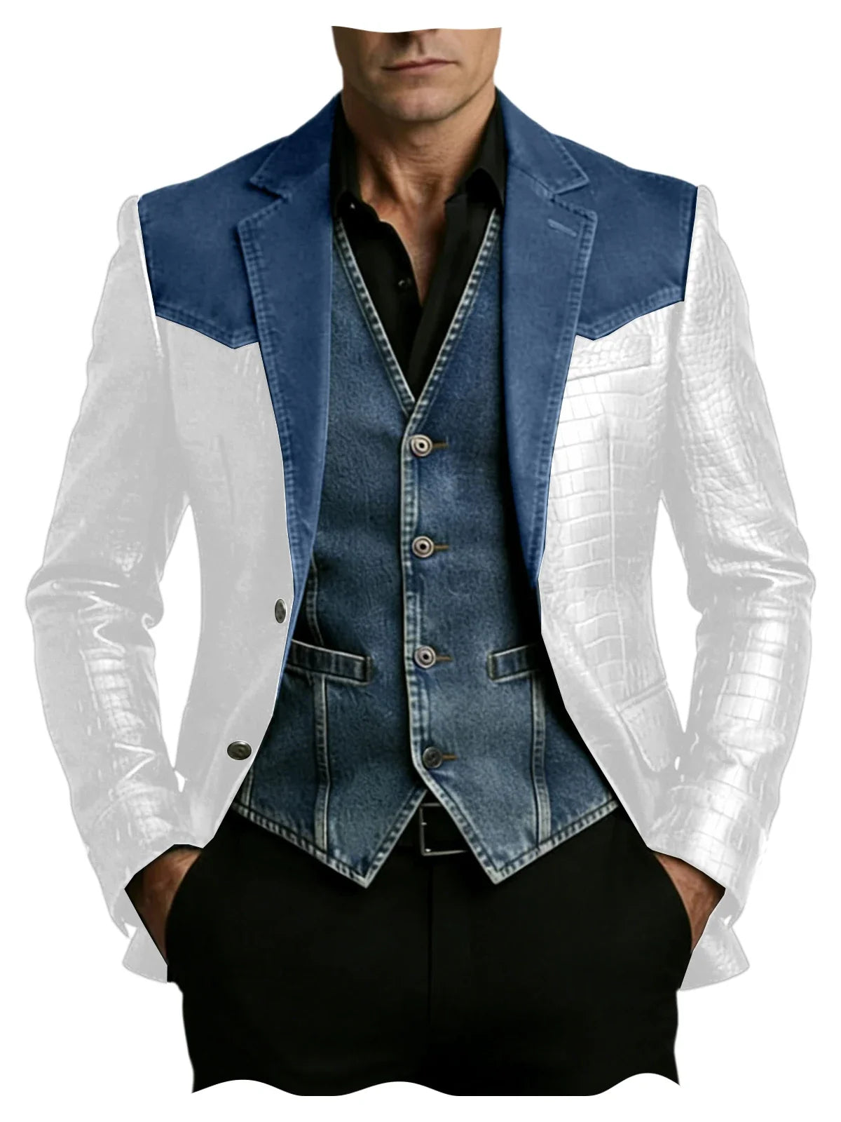 Men's Patchwork Denim & Crocodile Leather Blazer Two-Tone Western Style Suit Jacket Vintage Casual Fashion Coat