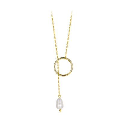 925 Sterling Silver Long Necklace, Gold Plated Y Lariat Long Chain Pearl Drop Necklace Gift for Her BSN427, 23.6"