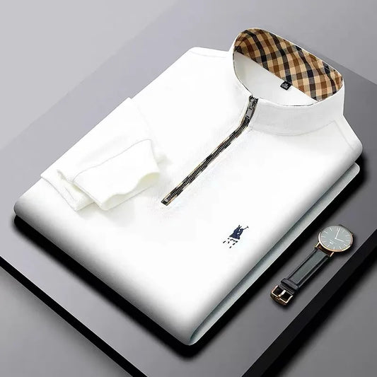 Luxury new Half Zipper Long Sleeve T-shirt 100% Cotton Brand Embroidered Stand Collar Men's Clothing Autumn Casual polo shirt