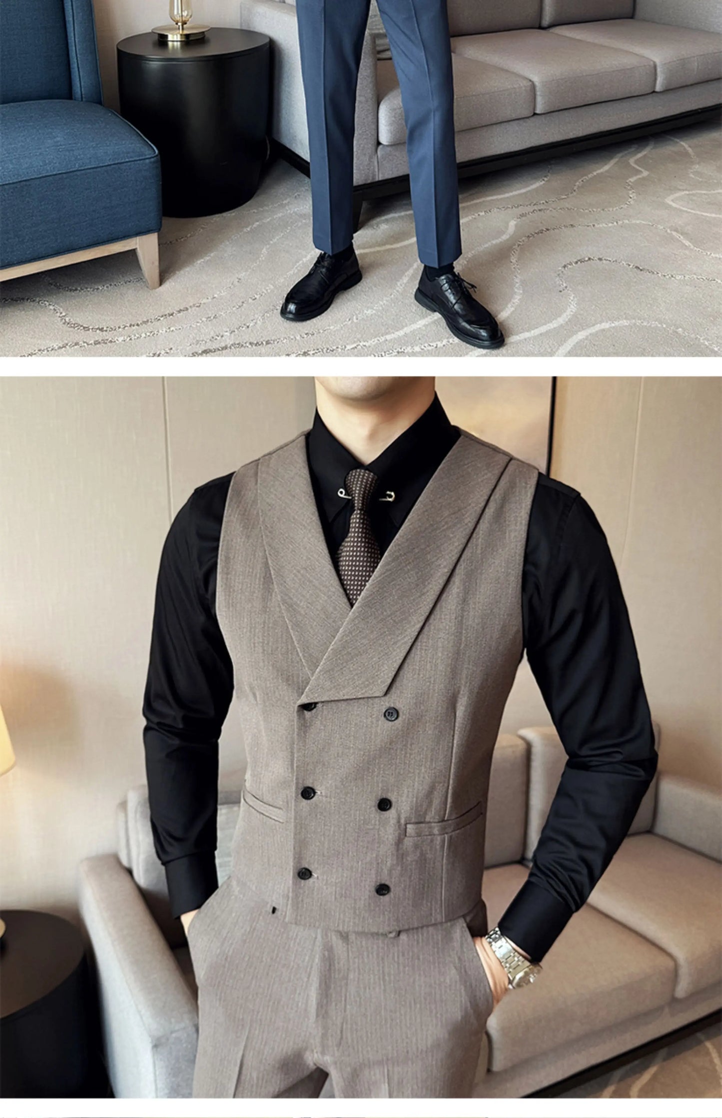 ( Vest + Pants) Double Breasted Stripe Suit Vest With Pants New Men Fashion Slim Business Casual Wedding Dress Vest 2 Pcs Sets