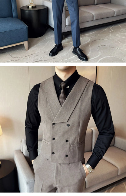 ( Vest + Pants) Double Breasted Stripe Suit Vest With Pants New Men Fashion Slim Business Casual Wedding Dress Vest 2 Pcs Sets