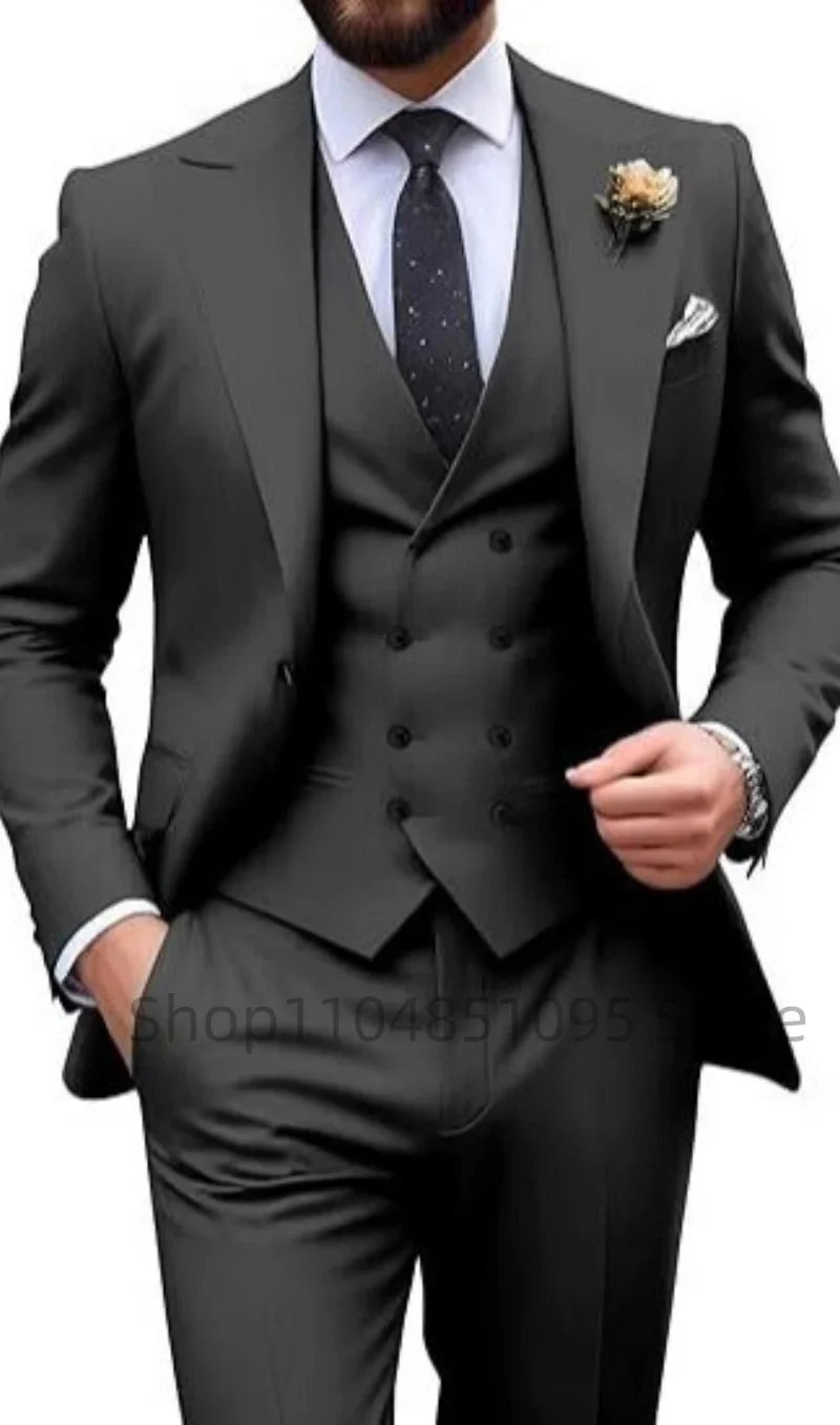 Men's Solid Color Slim Fit Formal Business Suit Wedding 3-Piece Set with Peak Lapel Blazer Vest And Trousers for Party Prom