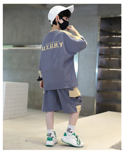 Summer Boys Patchwork Alphabet Half Sleeves T-Shirt Tops+Shorts Pant School Kids Tracksuit Child 2PCS Outfit Workout Set 5-16 Yr