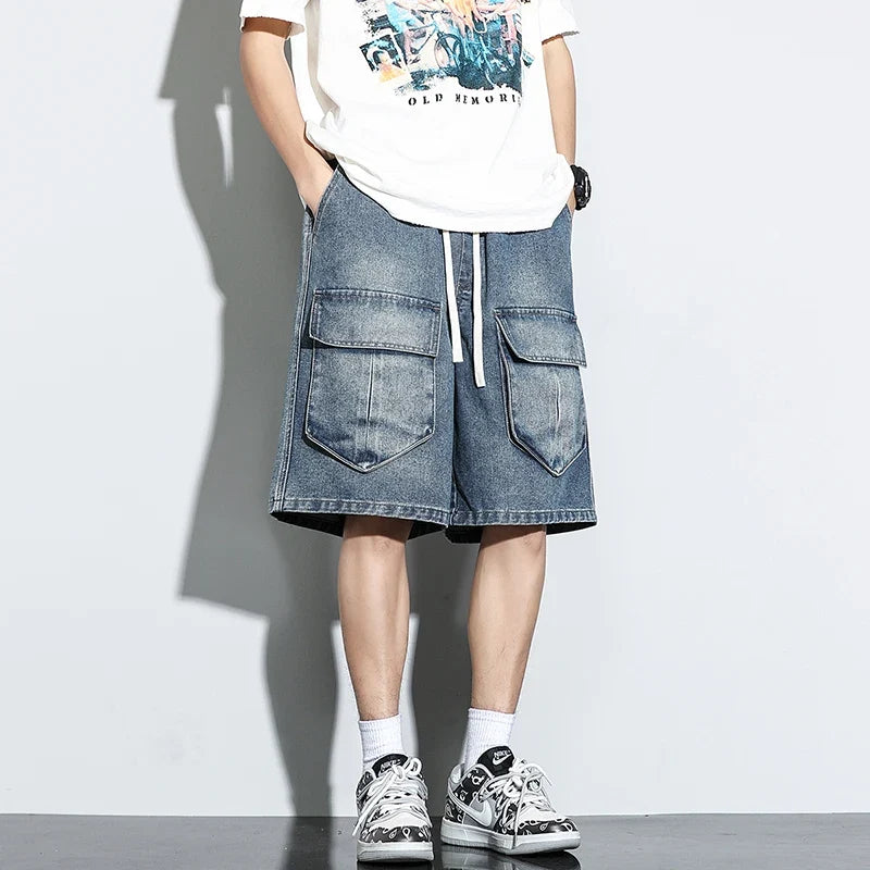 Bermuda Men's Denim Shorts Summer New Fashion Loose Jeans Casual Vintage Drawstring Cargo Short Pants Male Streetwear