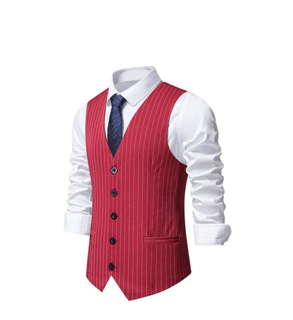 2026 New Red Striped Suit Vest For Men,Fashion Business Formal Wear Casual Khaki/Black Stripes Waistcoats