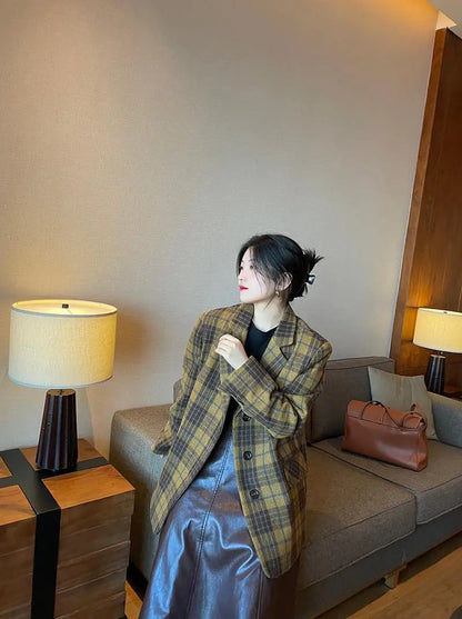 Women's Mid-Length Plaid Wool Coat 2025 Autumn Winter Arrival, Korean Style Warm Blazer, Trendy Yellow Brown Checkered Jacket