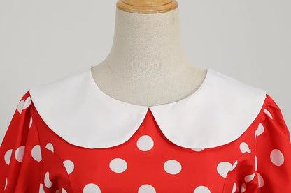 Elegant Women Summer Dress Puff Short Sleeve Polka Dot Peter pan Collar Vintage A-line Midi Long Party Sundress
