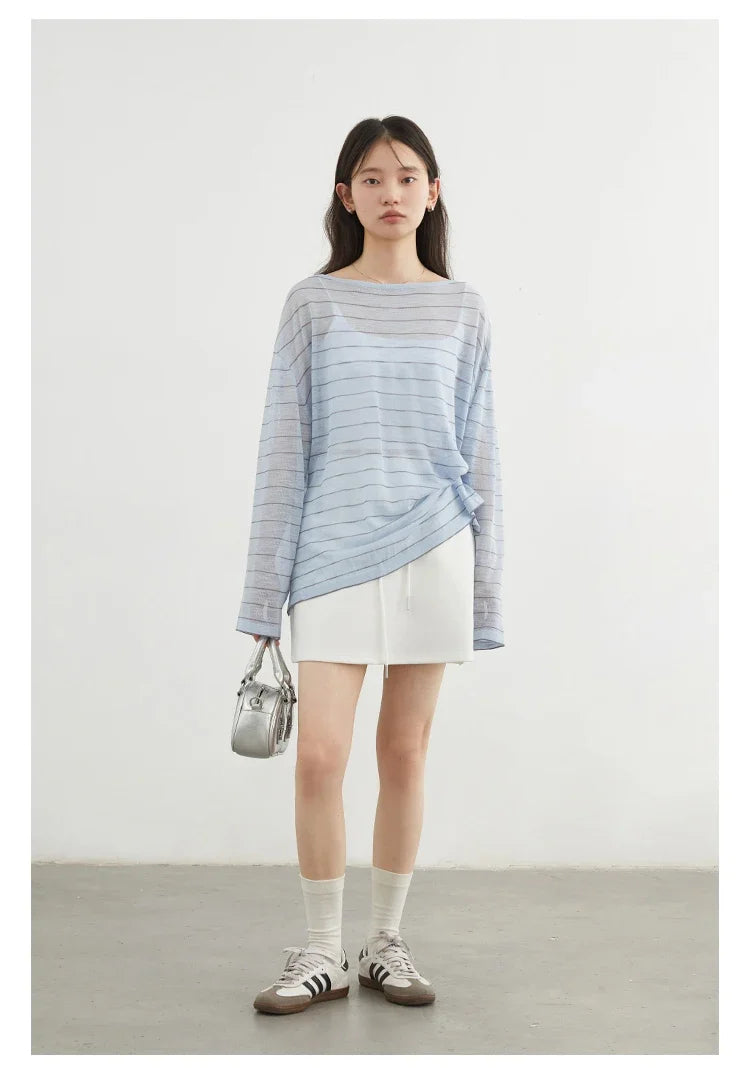 Korean Women T-Shirts Loose Casual New Striped Long Sleeve Sunscreen Shirt Designed Female Tees Summer 2025