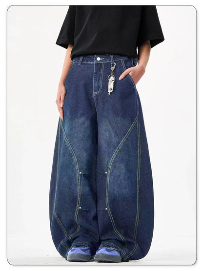 Men's American Retro Blue Loose Machete Wide Leg Jeans Unisex Baggy Straight Leg Sickle Denim Pants Deconstructed Balloon Pants