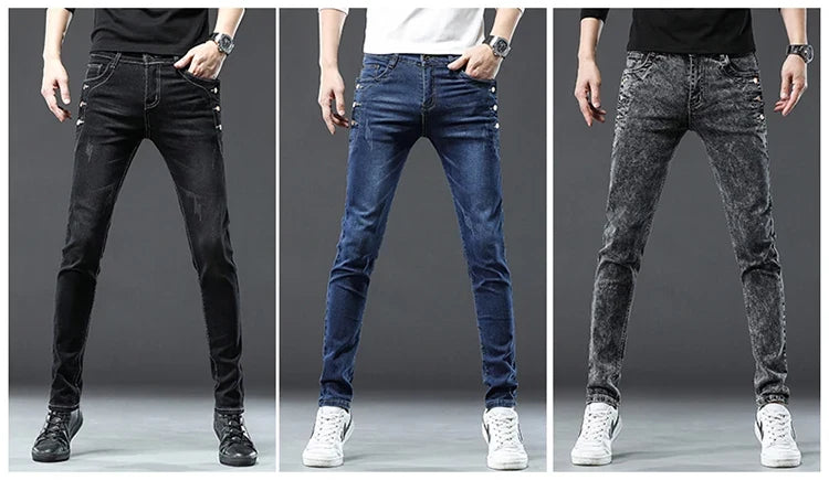 Classic Slim Vintage Fashion Men's Designer Jeans Snowflake Grey Wash Korean Fashion Stretch Pants Multi-button Denim Trousers