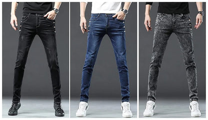 Classic Slim Vintage Fashion Men's Designer Jeans Snowflake Grey Wash Korean Fashion Stretch Pants Multi-button Denim Trousers