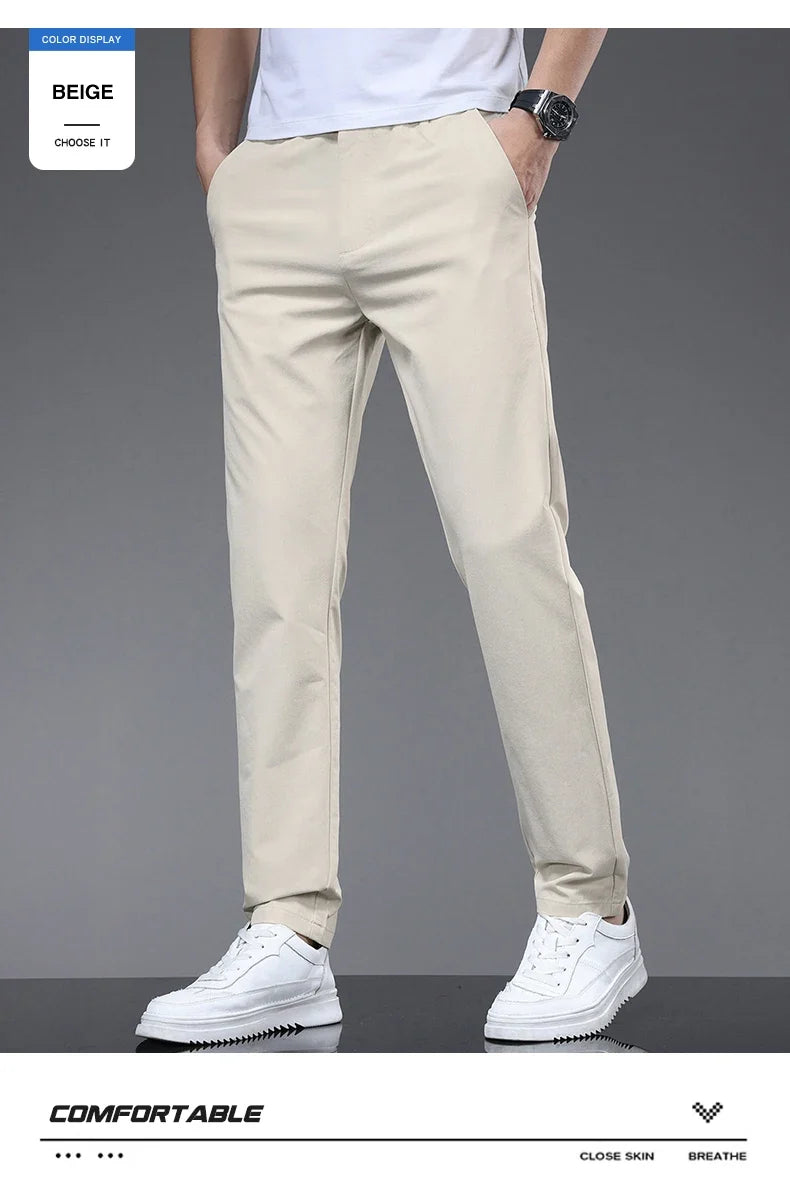 Spring Summer Thin Men's Slim Casual Pants Solid Color Elastic Waist Soft Breathable Business Straight Trousers Black Beige Gray
