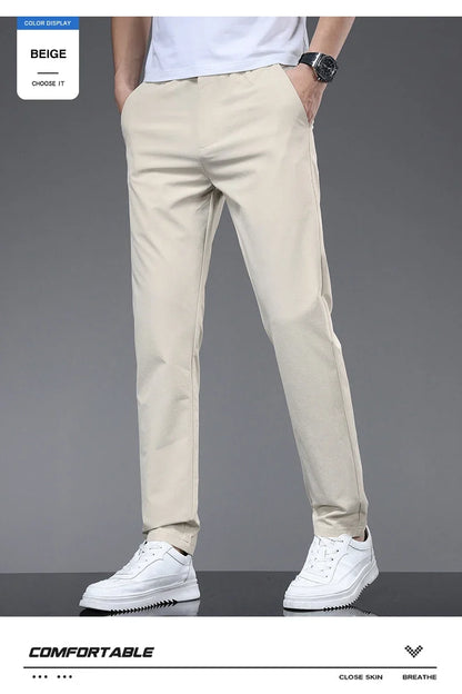 Spring Summer Thin Men's Slim Casual Pants Solid Color Elastic Waist Soft Breathable Business Straight Trousers Black Beige Gray