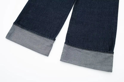 Women's High-Waisted Jeans Slim Trailing Trousers Rolled Leg Denim Pant Fashion Lady High Street Casual Wide-Leg Jeans