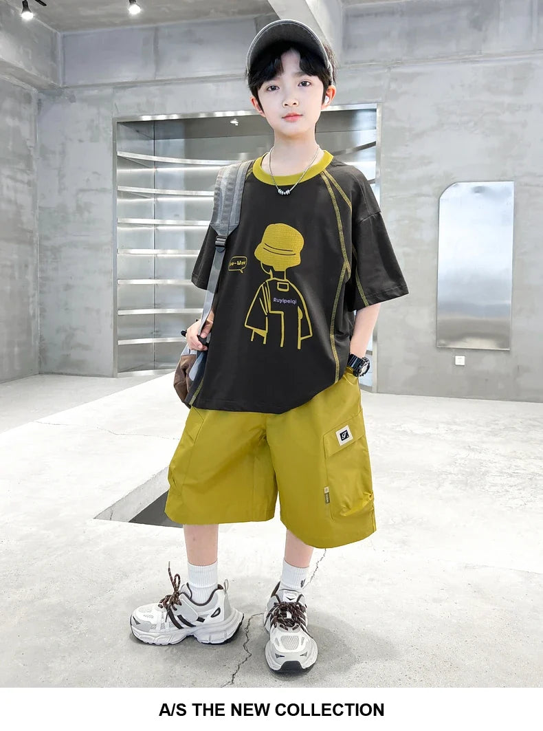 Teenage Summer Tracksuit for Boy with Shorts Tshirt 2 Piece Top and Bottom Clothes Set Kids Child Casual Cotton Outfit Suit Wear