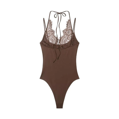 Women Sexy Slim Bodysuits Chic Lace Partwork Sleeveless Fashion Backless Sling Tops 2026 Newest Lady Casual Playsuit