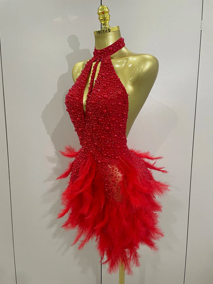 Women Luxury Rhinestones Pearls Feathers Halter Backless Short Dress Women Sexy Celebrate Birthday Dress Nightclub Stage Costume