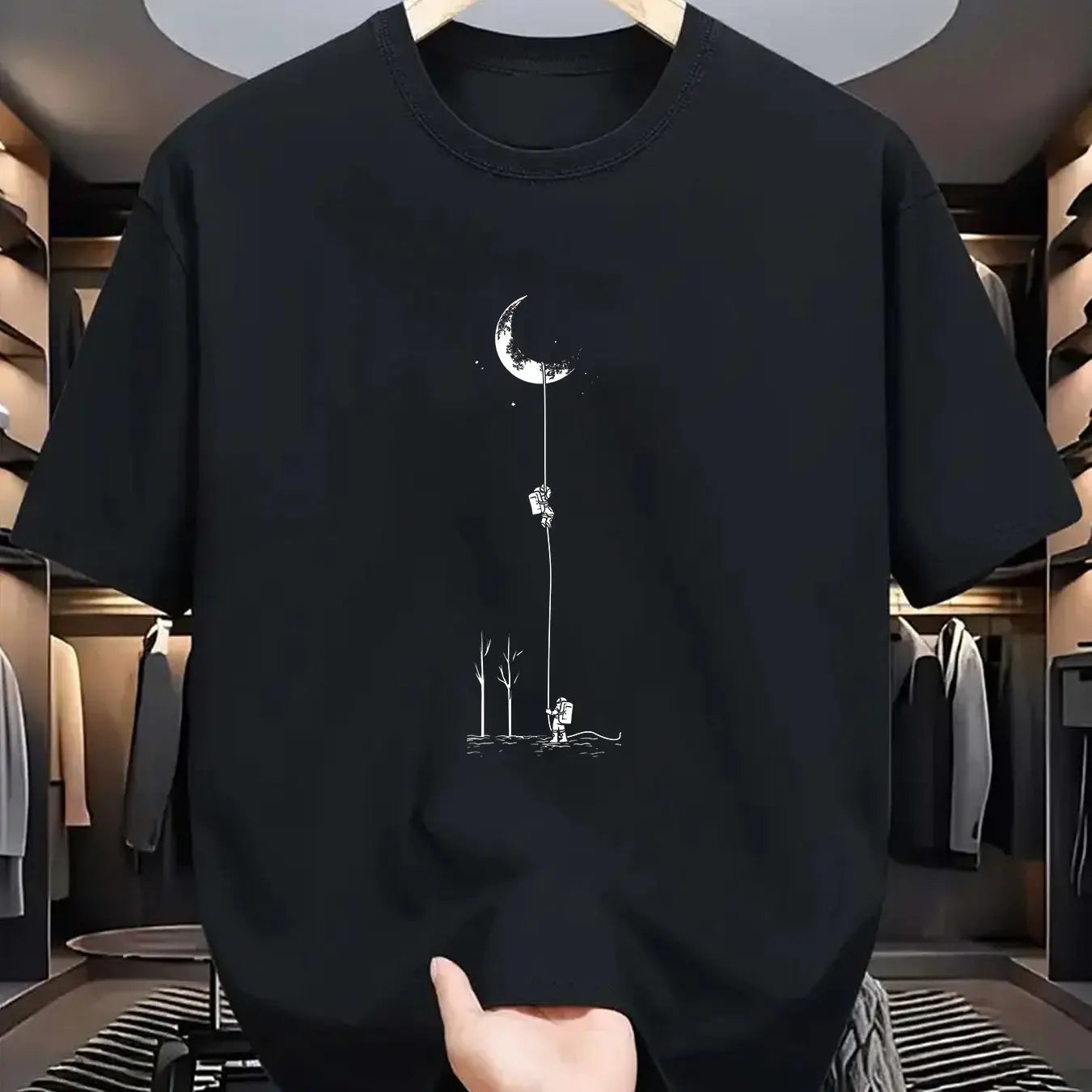 Summer Men's 100% Pure Cotton Casual Loose Fit Plus Size Moon Landing Pattern Printed Round Neck Short Sleeved T-shirt Top