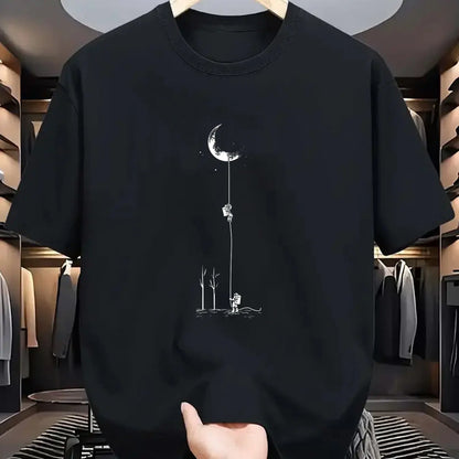 Summer Men's 100% Pure Cotton Casual Loose Fit Plus Size Moon Landing Pattern Printed Round Neck Short Sleeved T-shirt Top
