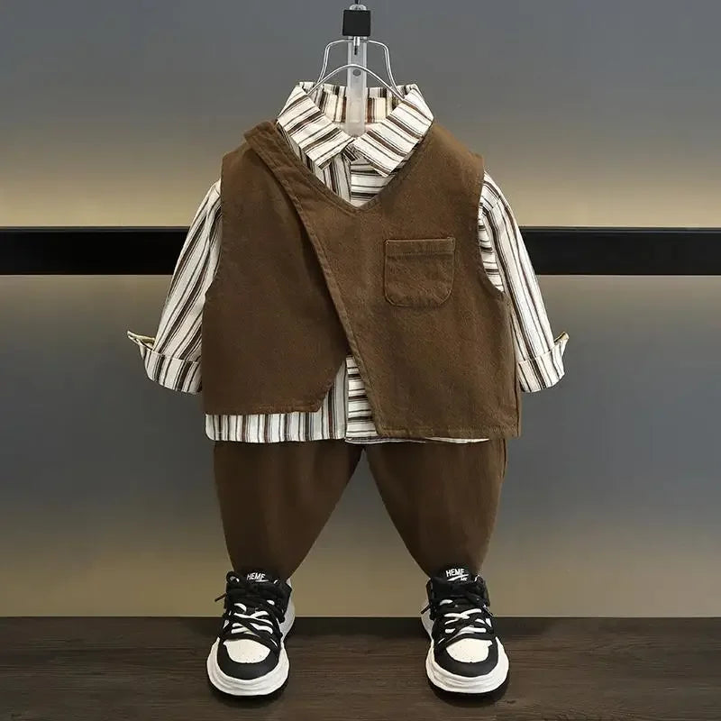 2-10Y Boys Clothing Set 2026 New Handsome Casual Spring and Autumn Baby Children's Vest T-shirt Pants 3 Piece Set Kids Outfits