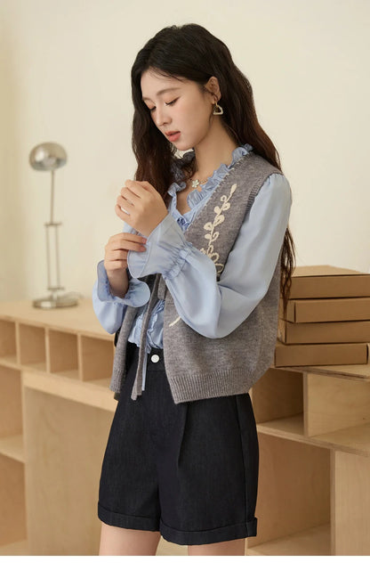 100% Lyocell Women's Blue Shirt 2025 Autumn French Ruffles Long Sleeves Ties Blouse Office Lady Elegant Top MXE45X2484