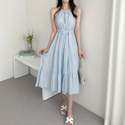 Korean Style Summer Slimming Necktie Waist Cinched Sleeveless Vest Long Dress Women's Fashionable Commute Style Inner Wear