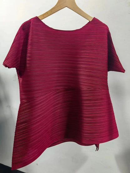 Miyake Irregular Short Sleeve Pleated Top Simple Loose Plus Size with Stretch T-Shirt Vacation Office Clothing Polyester Crepe