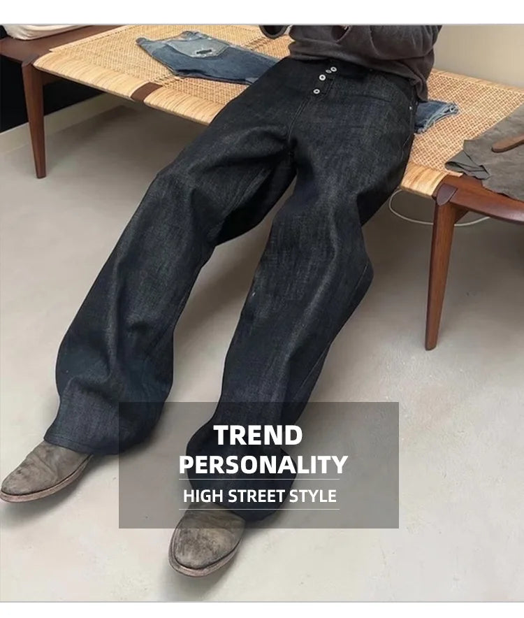 High Street Cleanfit Drak Blue Jeans for Men and Women Straight Vintage Casual Denim Trousers ZJ089