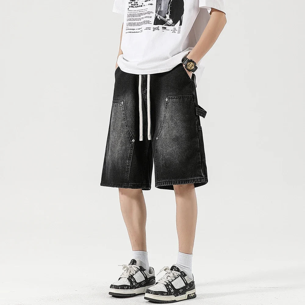 Men's Baggy Cargo Shorts Summer New Fashion Drawstring Straight Casual Jeans Streetwear Pocket Splicing Male Short Pants
