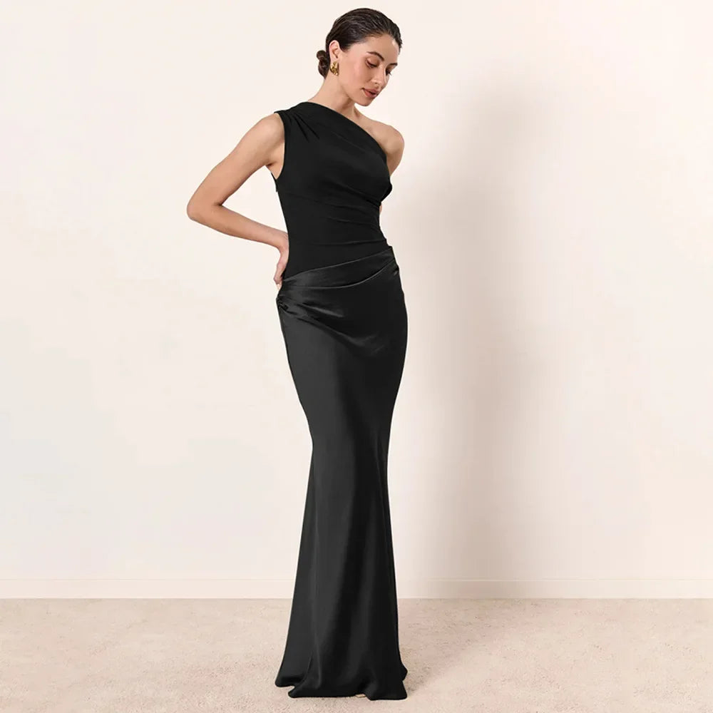 Patchwork Satin Sexy Dress Women One Shoulder Brown Sleeveless Evening Maxi Dress 2025 New Summer Elegant Party Clubwear Dresses
