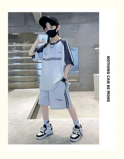Summer Boys Cotton Loose Contrast Alphabet T-Shirt Tops+Shorts Pant School Kids Tracksuit Child 2PCS Outfit Workout Set 5-16 Yr