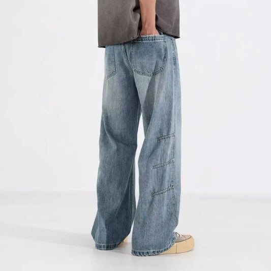 Japanese And Korean Retro Straight Leg Jeans With Loose Fit Men'S Workwear Wide Leg Pants High Street Casual Curved Knife Pants