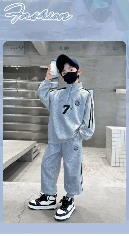 SpringAutumn Boys Cotton Half Zip Pullover Sweatshirt+Sweatpant Work Set School Kid 2PCS Tracksuit Children Jogger Outfit 5-16Yr