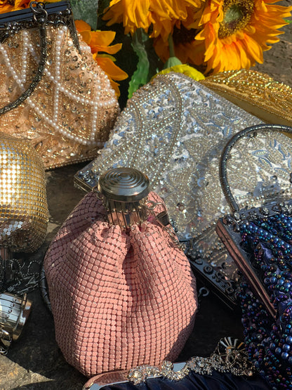 Lost in Vintage Glitter Sparking Evening Bag Handbag with Aluminum Pieces Crossbody Clutches Shoulder Metallic Chains
