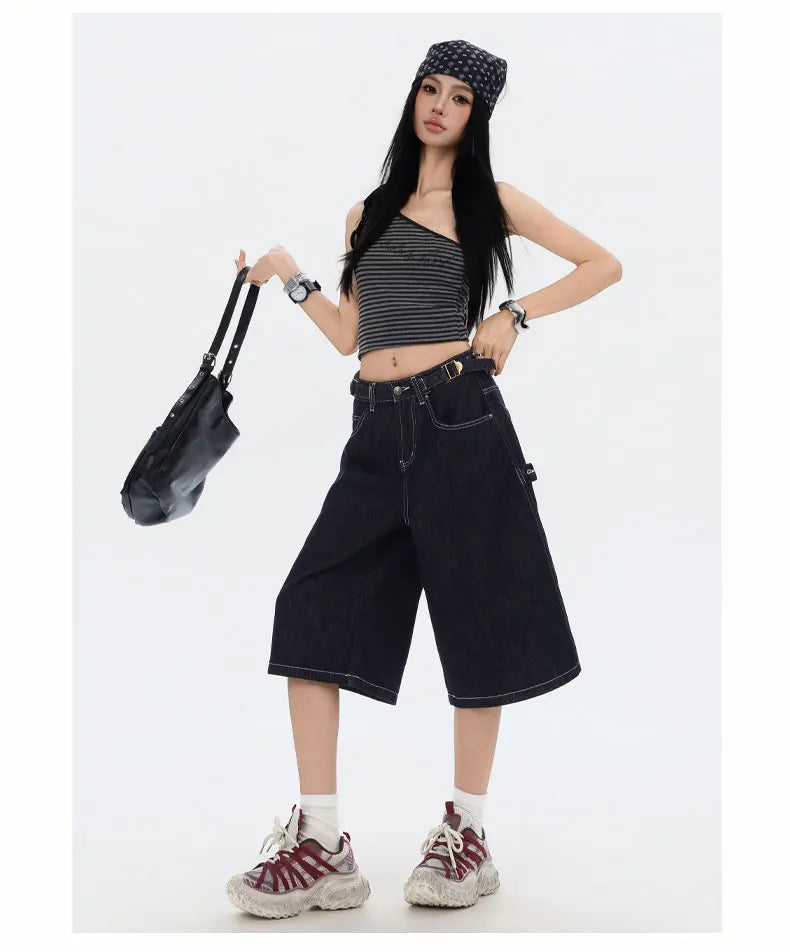American High Street Fashion Loose Denim Shorts Retro Wide Leg Crop Pants Women Y2k High Waisted Embroidery Casual Mid Trouser