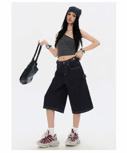 American High Street Fashion Loose Denim Shorts Retro Wide Leg Crop Pants Women Y2k High Waisted Embroidery Casual Mid Trouser
