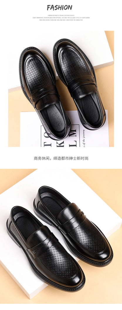 Mens Black Penny Loafers With Perforated Detail Slip On Comfortable Breathable Dress Shoes For Business Office And Summer Wear