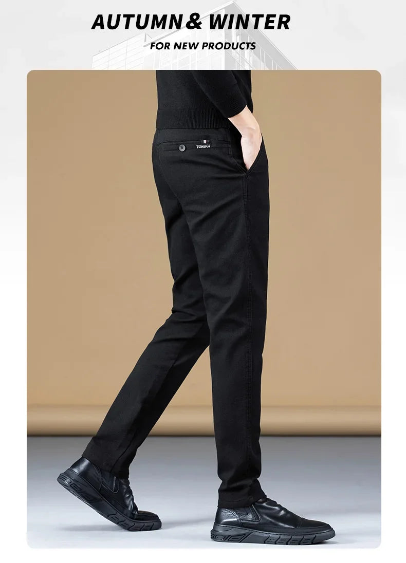 Stretch Fleece Casual Pants Men Korean Thickened Straight Thermal Velvet Pants Male Winter Business Soft Slim Fit Trousers